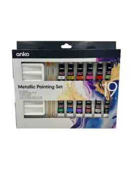 סט צבעי אקריליק מטאלים עם פלטה לערבוב צבעים ו2 מכחולים